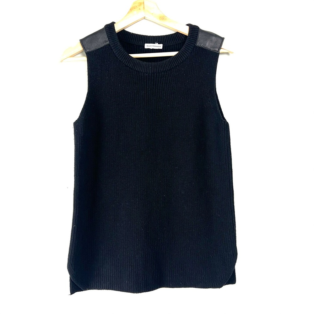 Club Monaco Black Ribbed Knit Sweater Vest Leather Shoulder Patches Silk Blend S
